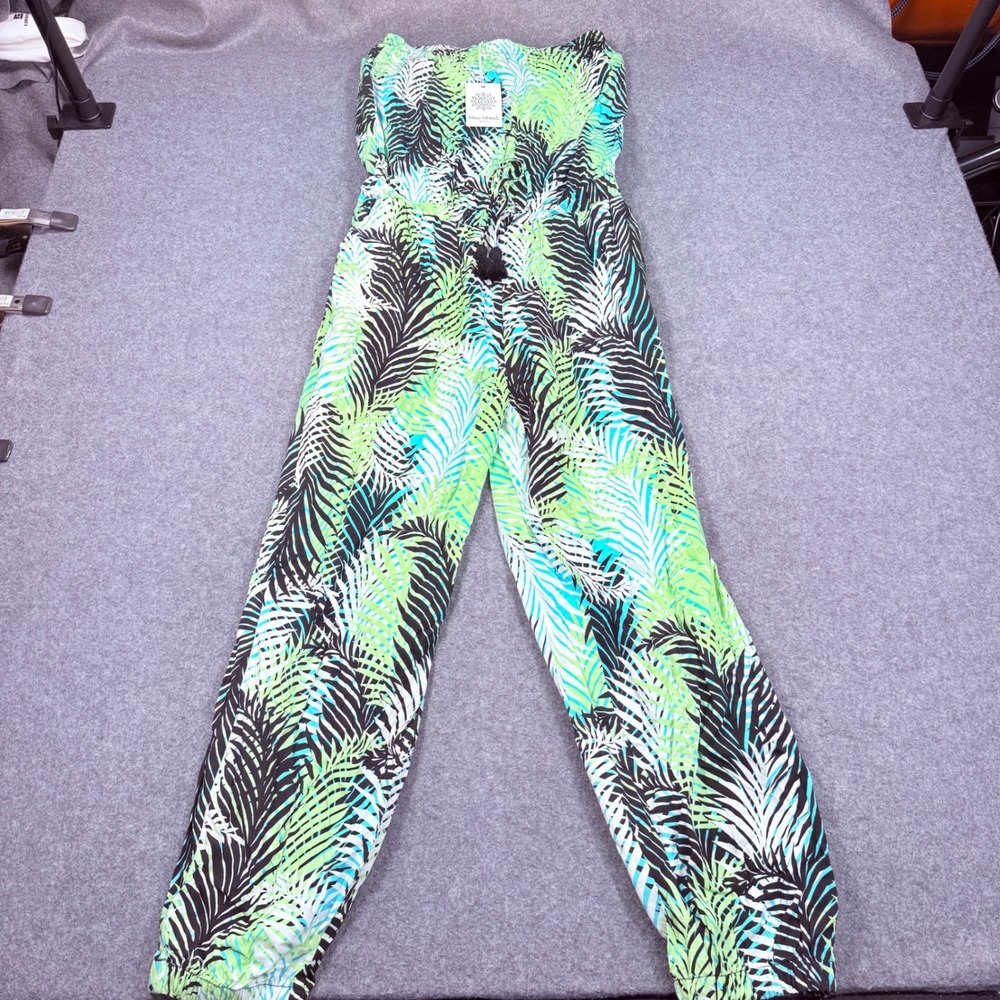 Blue Island Beach Tropical Palm Leaf Strapless Jumpsuit Green Black L NWT